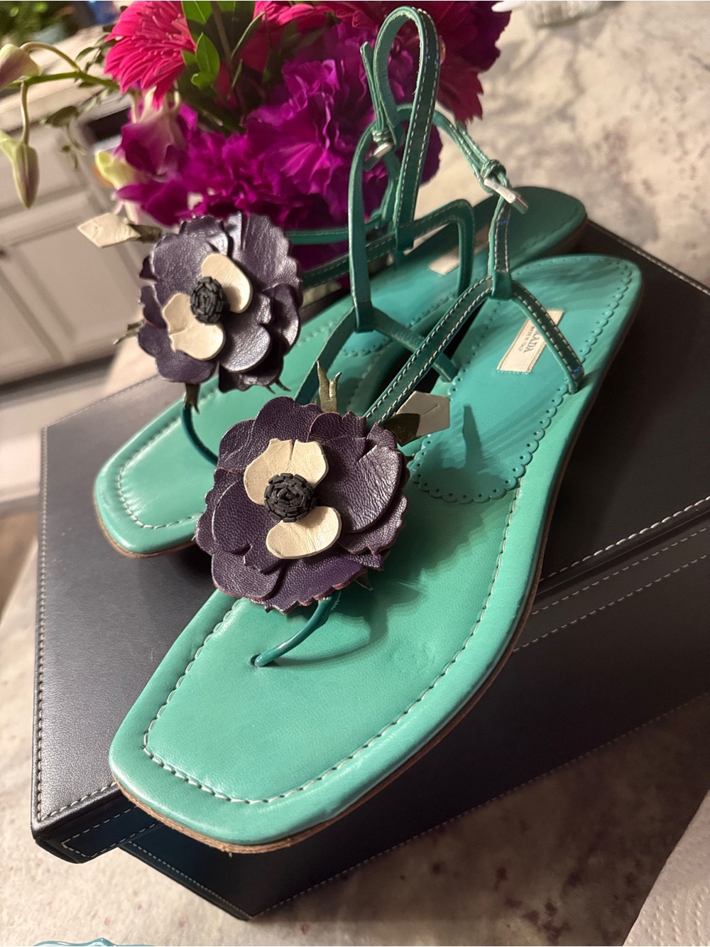 Prada Vintage Teal Floral Leather Thong Sandals
